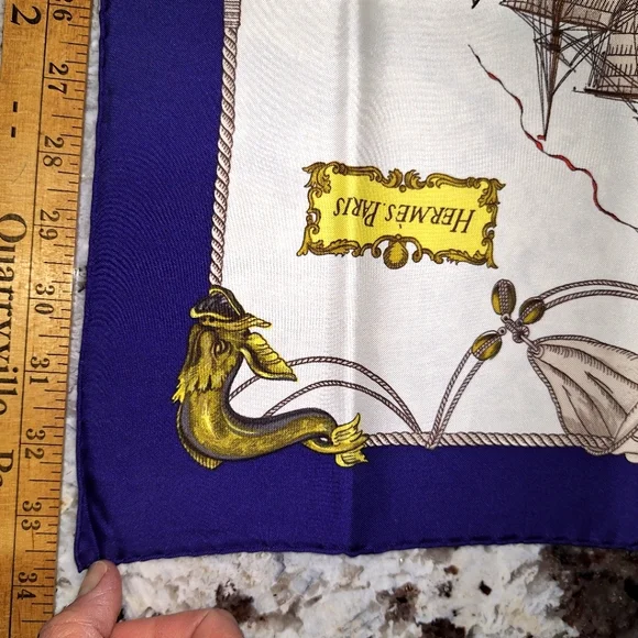 🔱 Rare Hermès authentic like new silk scarf w/envelope. Vaisseaux et Frégates. - Picture 15 of 17